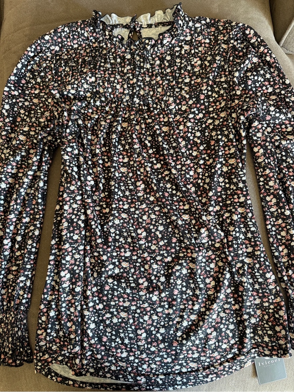 Amazon Black Floral Long-Sleeve Smocked Top with Pink and White Flowers